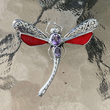 PD 08505 CR-AM-(HANDMADE 925 BALI SILVER DRAGONFLY PENDANT WITH CORAL AND AMETHYST)